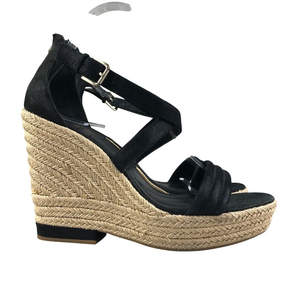 Isola Women's Size 9.5M Yalena Black Leather Espadrille High Heel Wedge Sandals